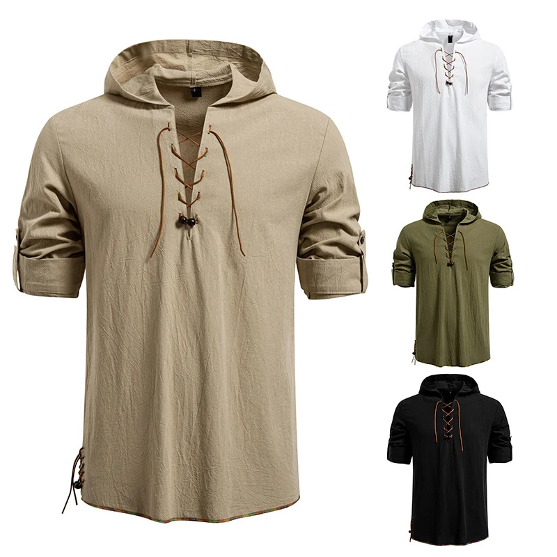 Herren Leichtes Kapuzen-Shirt mit dekorativer Schnürung, Kurzarm und Longline-Schnitt Drune