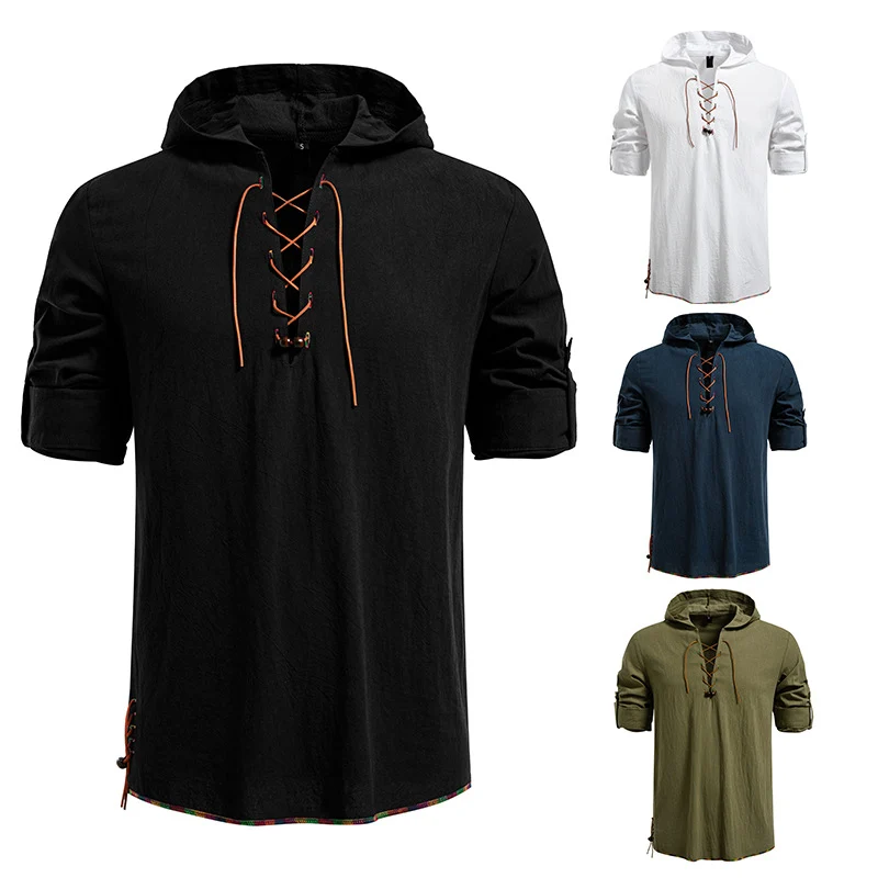 Herren Leichtes Kapuzen-Shirt mit dekorativer Schnürung, Kurzarm und Longline-Schnitt Drune