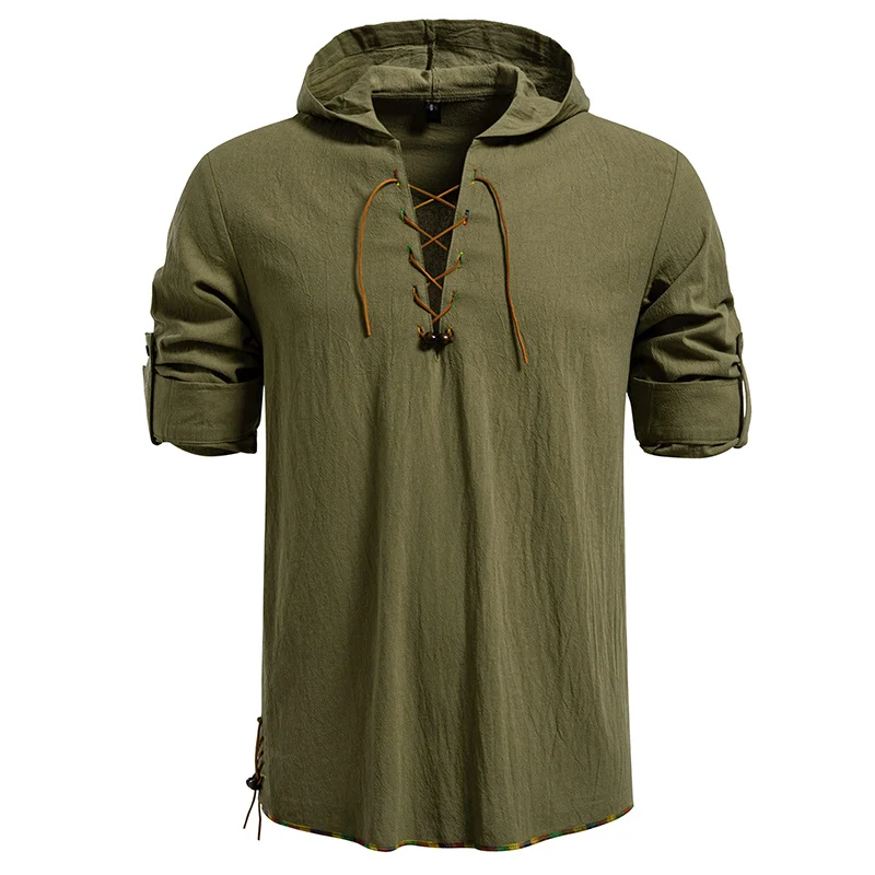 Herren Leichtes Kapuzen-Shirt mit dekorativer Schnürung, Kurzarm und Longline-Schnitt Drune