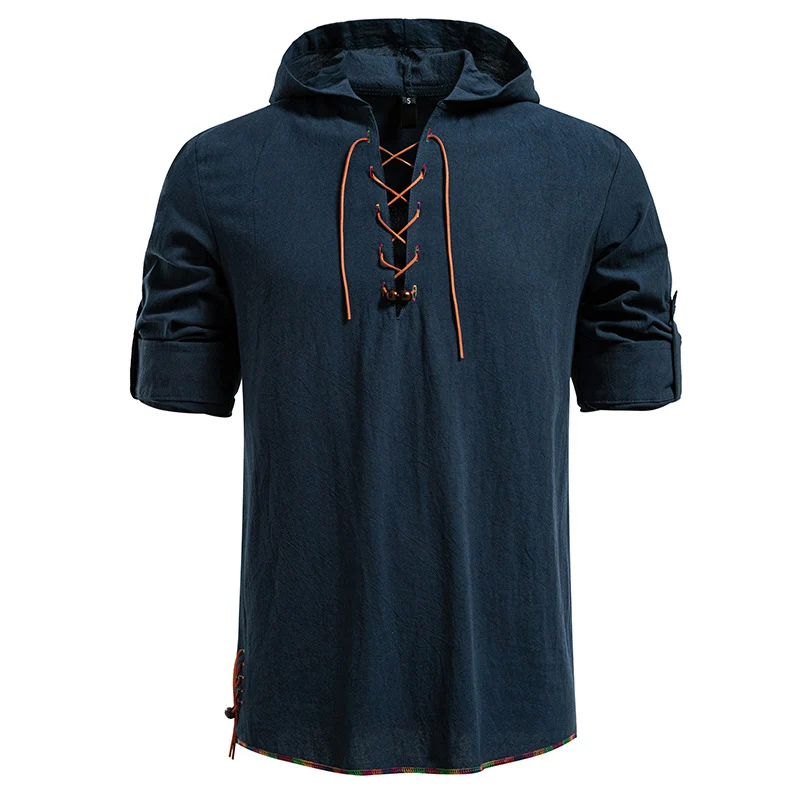 Herren Leichtes Kapuzen-Shirt mit dekorativer Schnürung, Kurzarm und Longline-Schnitt Drune