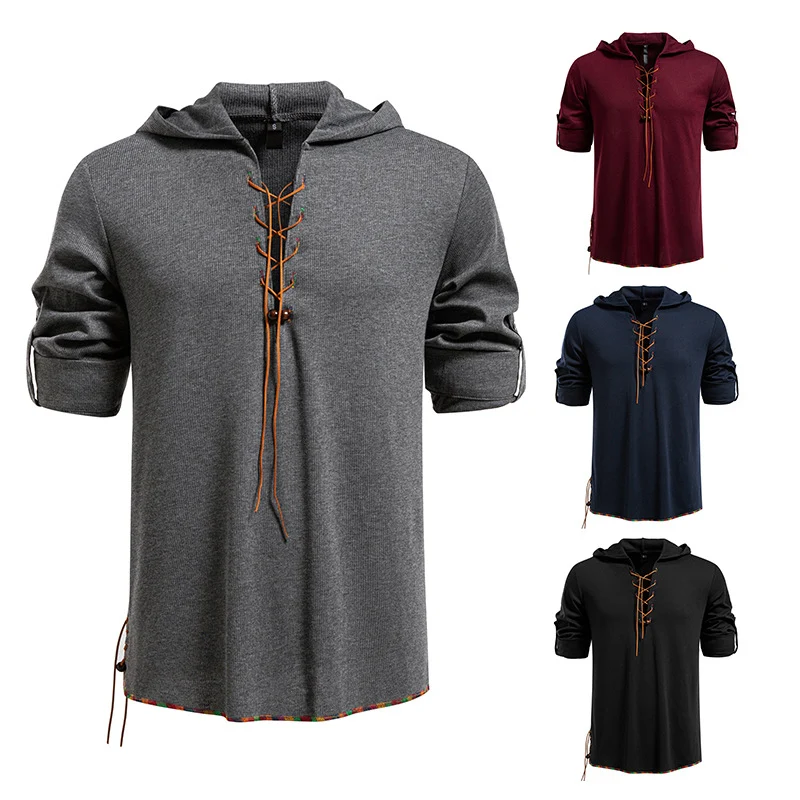 Herren Leichtes Kapuzen-Langarmshirt mit Schnürfront und aufrollbaren Dreiviertel-Ärmeln Drune