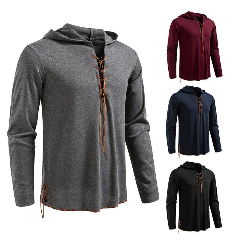 Herren Leichtes Kapuzen-Langarmshirt mit Schnürfront und aufrollbaren Dreiviertel-Ärmeln Drune