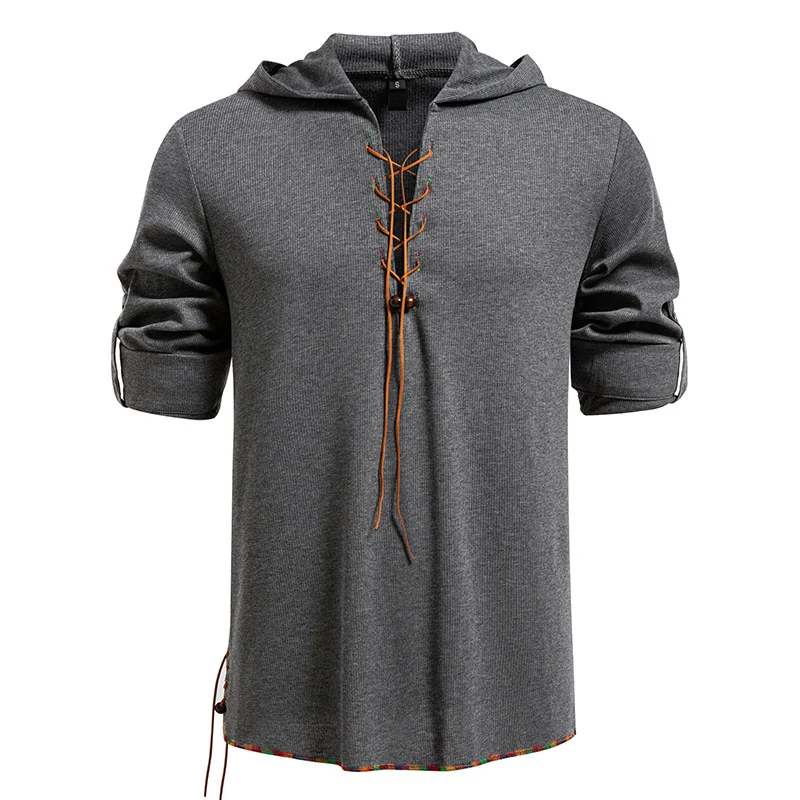 Herren Leichtes Kapuzen-Langarmshirt mit Schnürfront und aufrollbaren Dreiviertel-Ärmeln Drune