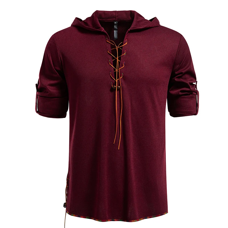 Herren Leichtes Kapuzen-Langarmshirt mit Schnürfront und aufrollbaren Dreiviertel-Ärmeln Drune