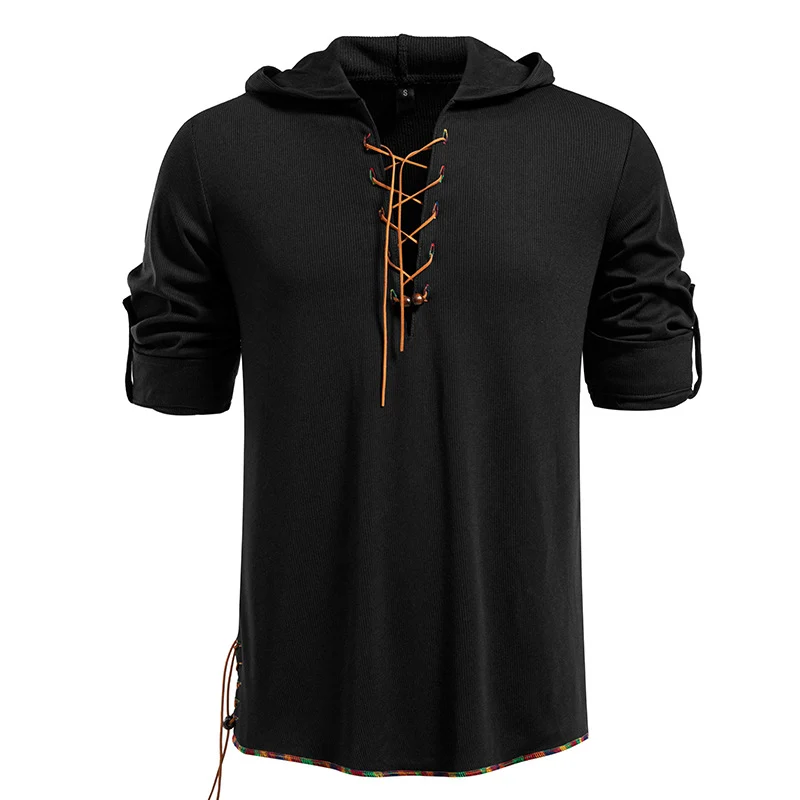 Herren Leichtes Kapuzen-Langarmshirt mit Schnürfront und aufrollbaren Dreiviertel-Ärmeln Drune