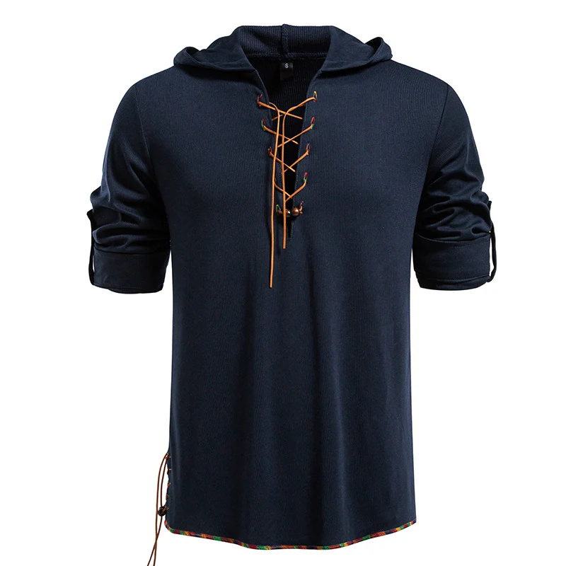 Herren Leichtes Kapuzen-Langarmshirt mit Schnürfront und aufrollbaren Dreiviertel-Ärmeln Drune