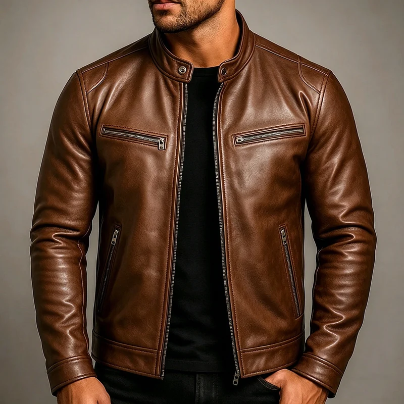 Herren Lederjacke im Vintage-Suede-Look mit Stehkragen und Reißverschlusstaschen Drune