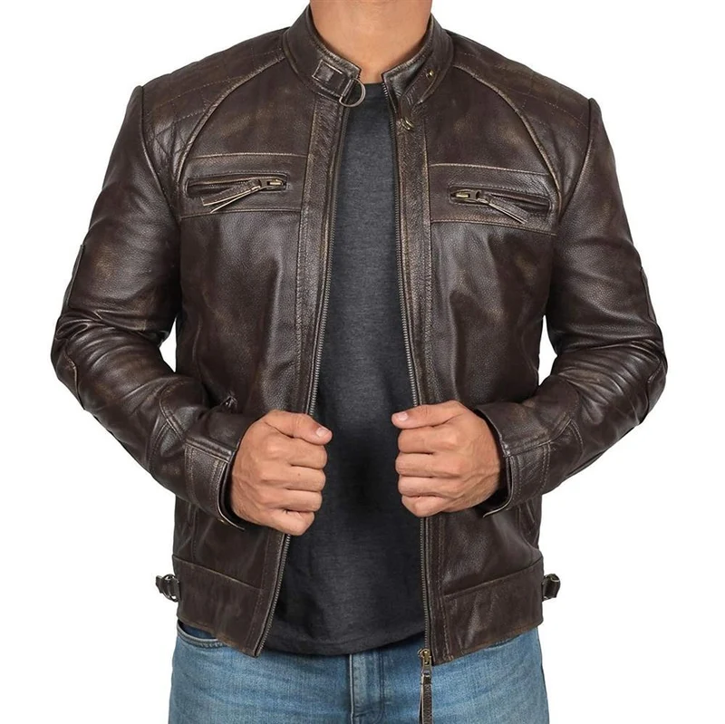 Herren Lederjacke Bikerstil aus echtem Leder mit Stehkragen und Zipper-Taschen Drune