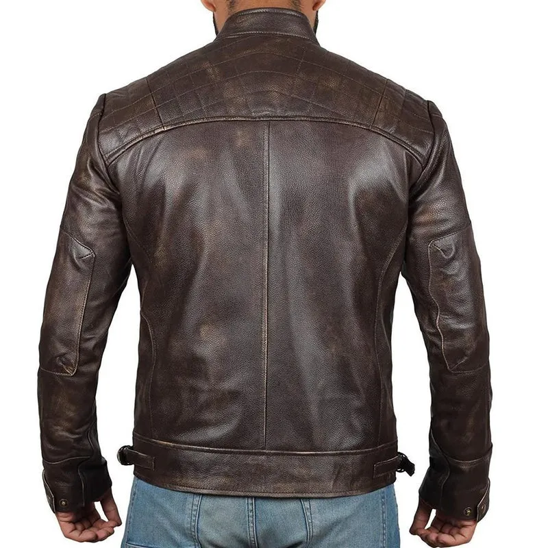 Herren Lederjacke Bikerstil aus echtem Leder mit Stehkragen und Zipper-Taschen Drune