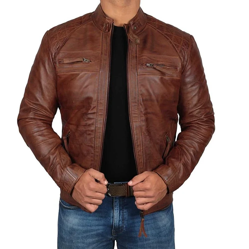 Herren Lederjacke Bikerstil aus echtem Leder mit Stehkragen und Zipper-Taschen Drune