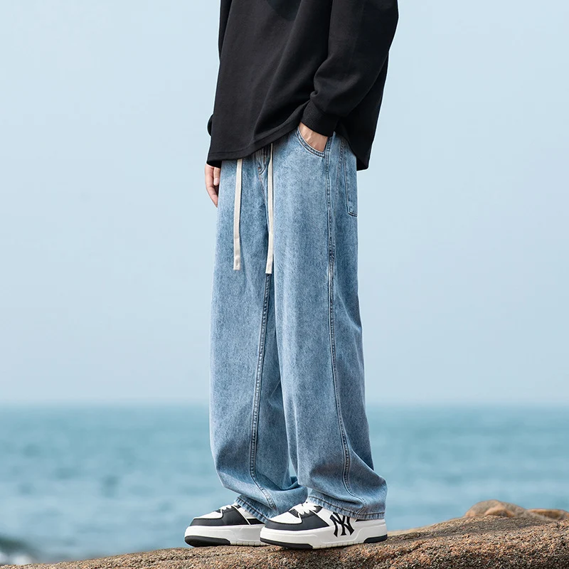 Herren Weite Vintage‑Washed Baggy-Jeans im Joggerstil mit Tunnelzugbund und geripptem Knöchelabschluss Drune