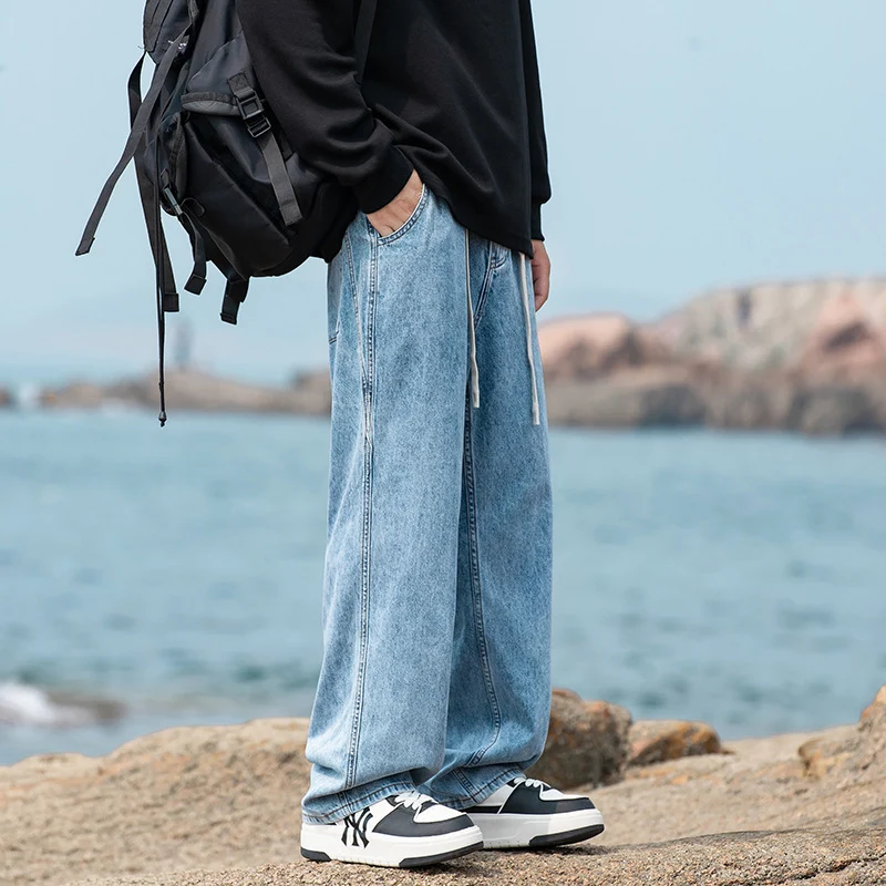 Herren Weite Vintage‑Washed Baggy-Jeans im Joggerstil mit Tunnelzugbund und geripptem Knöchelabschluss Drune