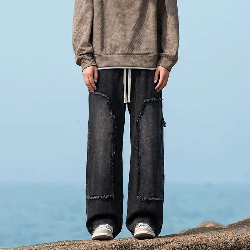 Herren Weite Denim-Cargohose mit Fransen-Patchtaschen und Tunnelzugbund Drune