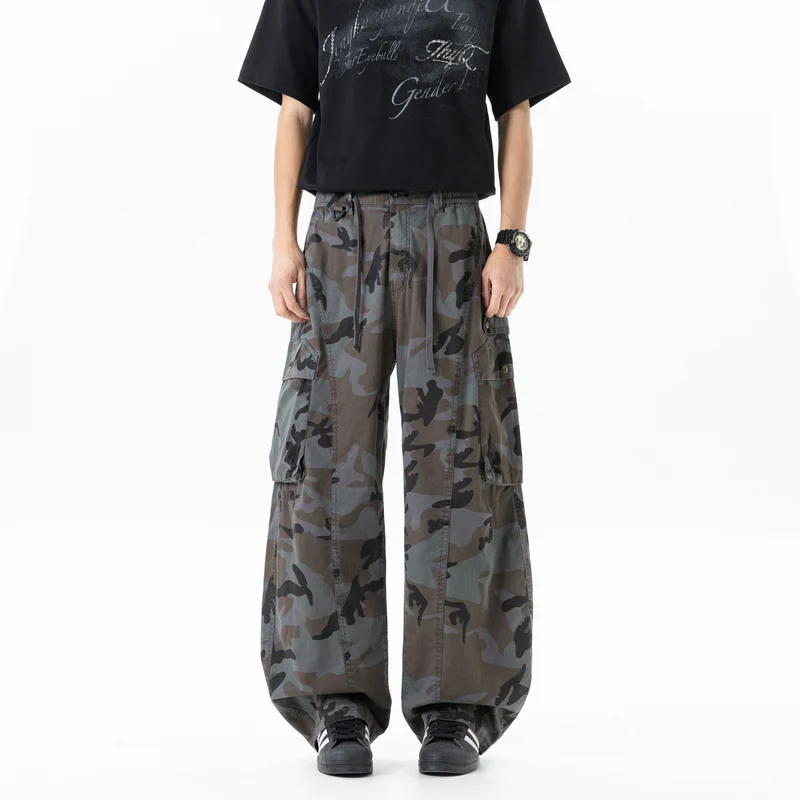 Herren Weite Cargohose im Camouflage-Military-Look mit elastischem Tunnelzugbund und Multifunktionstaschen Drune