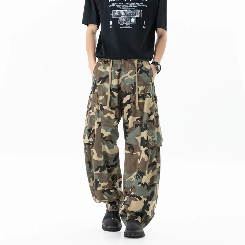 Herren Weite Cargohose im Camouflage-Military-Look mit elastischem Tunnelzugbund und Multifunktionstaschen Drune
