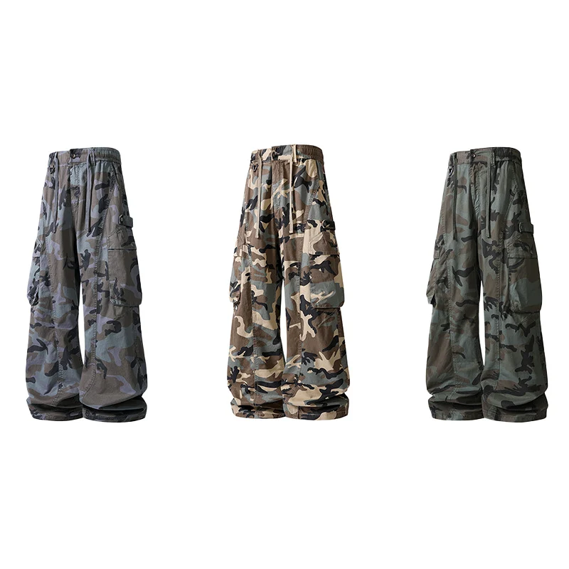 Herren Weite Cargohose im Camouflage-Military-Look mit elastischem Tunnelzugbund und Multifunktionstaschen Drune