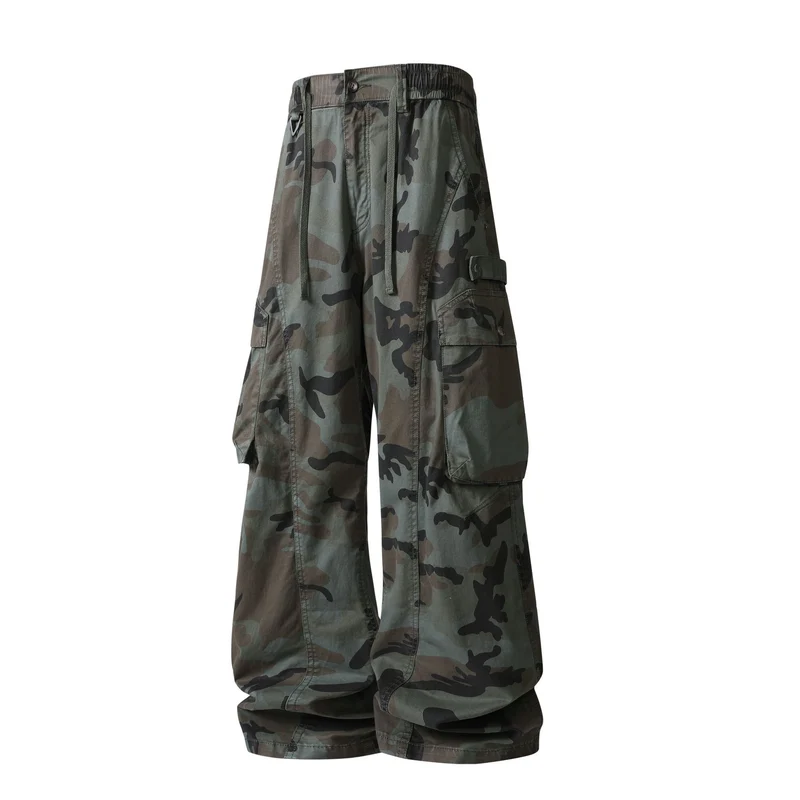 Herren Weite Cargohose im Camouflage-Military-Look mit elastischem Tunnelzugbund und Multifunktionstaschen Drune