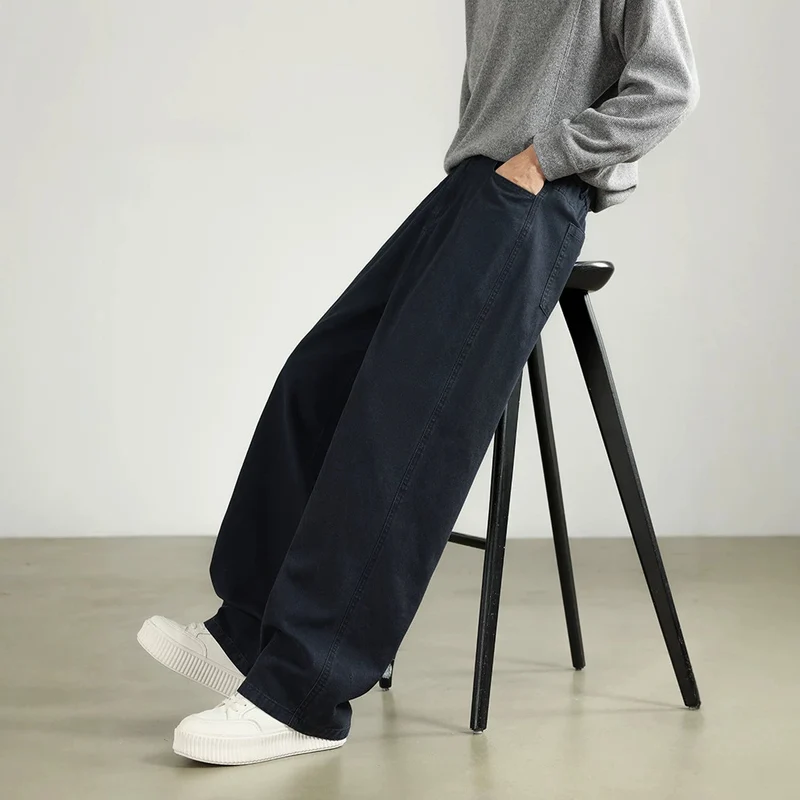 Herren Weite Baumwollhose mit elastischem Bund, geradem Bein und Eingrifftaschen Drune