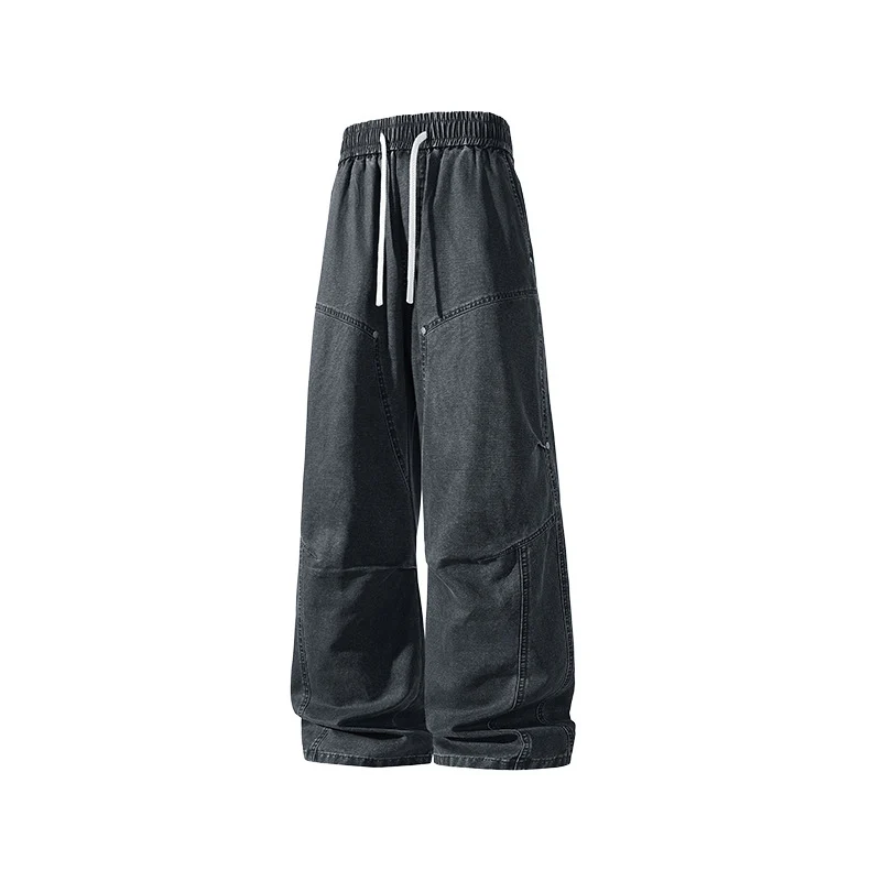 Herren weite Baggy-Cargohose aus gewaschenem Canvas mit Elastikbund und dekorativen Nahtpaneelen Drune