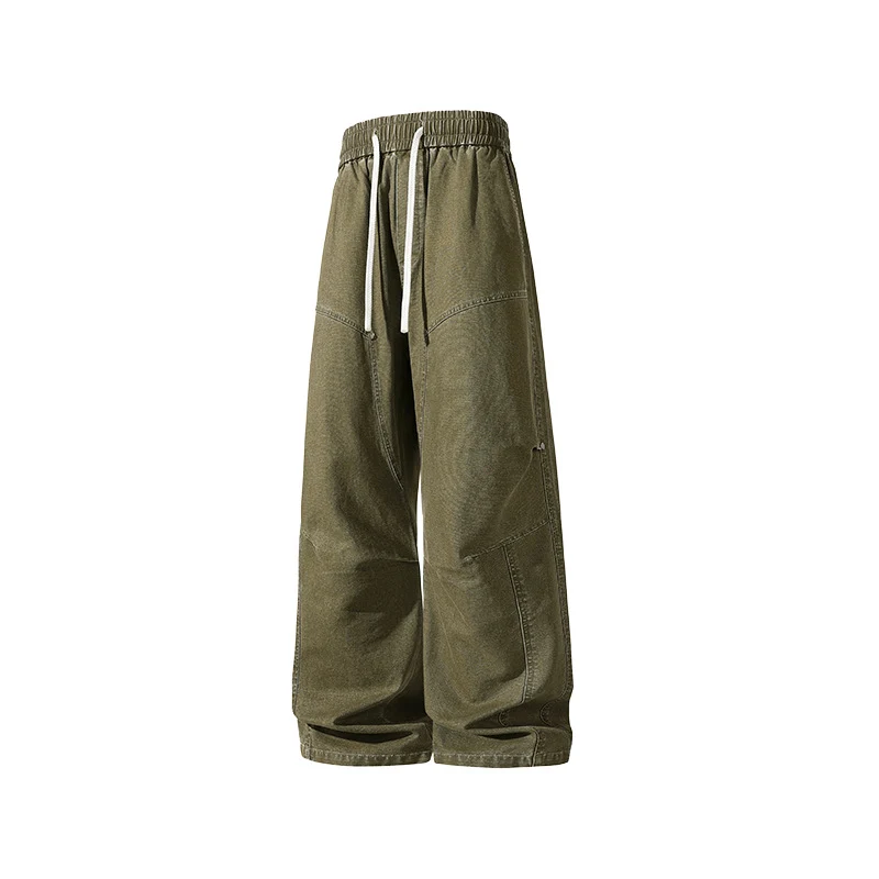 Herren weite Baggy-Cargohose aus gewaschenem Canvas mit Elastikbund und dekorativen Nahtpaneelen Drune