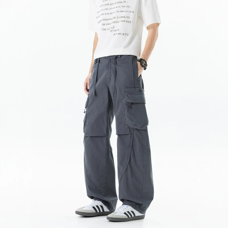 Herren Weit geschnittene Utility-Cargo-Hose mit Mehrfach-Taschen und verstellbarem Bund Drune