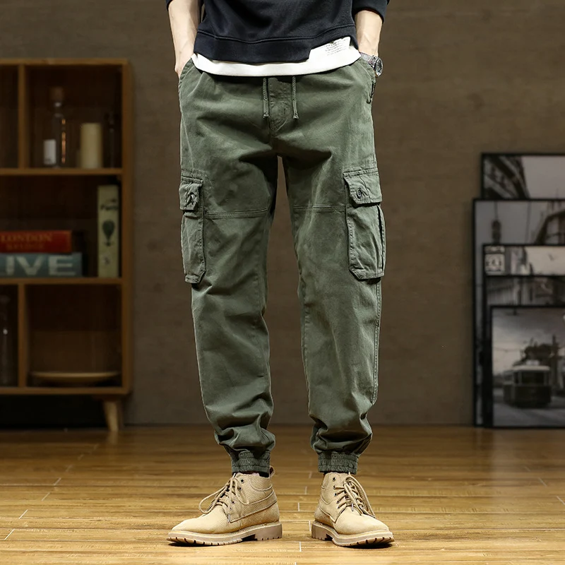 Herren Weiche Baumwoll-Utility-Cargohose im Joggerstil mit elastischem Bund und großvolumigen Klappentaschen Drune