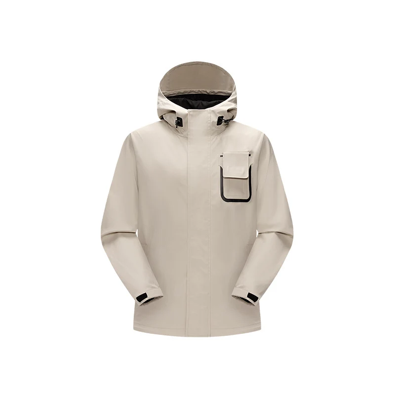Herren wasserdichte Utility‑Outdoorjacke mit verdeckter Front, Kapuze und funktionaler Brusttasche Drune