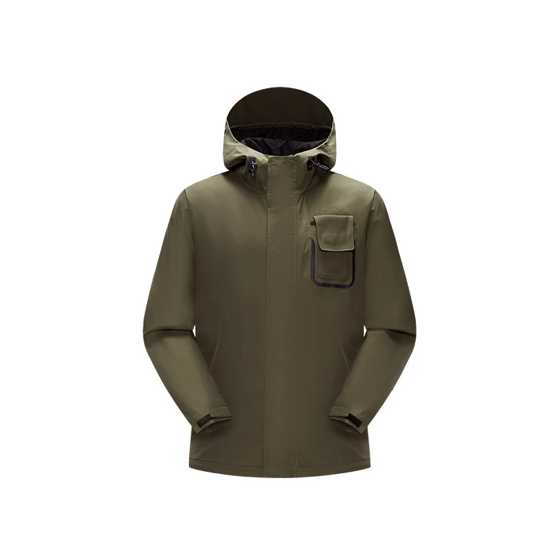 Herren wasserdichte Utility‑Outdoorjacke mit verdeckter Front, Kapuze und funktionaler Brusttasche Drune