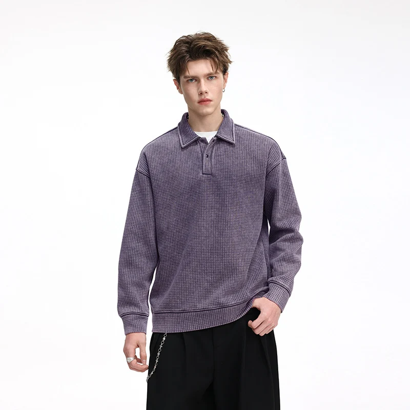 Herren Waffelstruktur-Poloshirtpullover mit Kragen und verdeckter Knopfleiste Drune