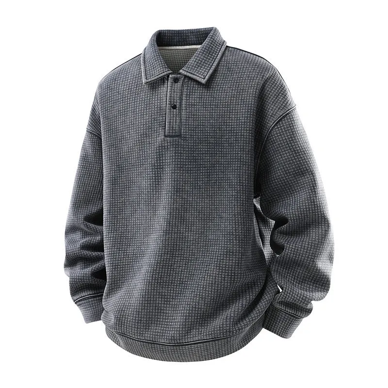 Herren Waffelstruktur-Poloshirtpullover mit Kragen und verdeckter Knopfleiste Drune