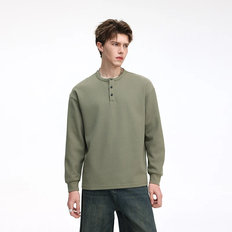 Herren Waffelstruktur-Henley-Thermashirt mit Knopfleiste und Relaxed-Fit Drune