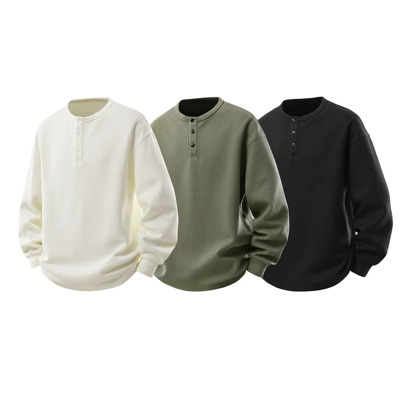 Herren Waffelstruktur-Henley-Thermashirt mit Knopfleiste und Relaxed-Fit Drune