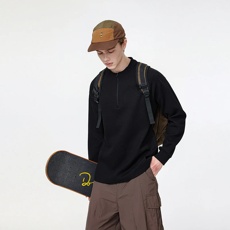 Herren Waffelstruktur-Halbzip-Pullover mit Stehkragen und Relaxed-Fit Drune
