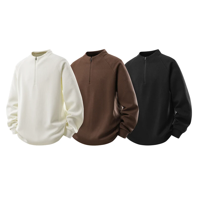 Herren Waffelstruktur-Halbzip-Pullover mit Stehkragen und Relaxed-Fit Drune