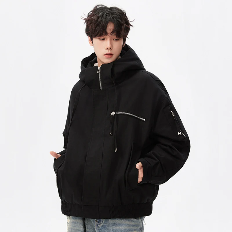 Herren Utility-Kapuzenjacke mit Reißverschluss, multifunktionalen Taschen und elastischem Saum Drune