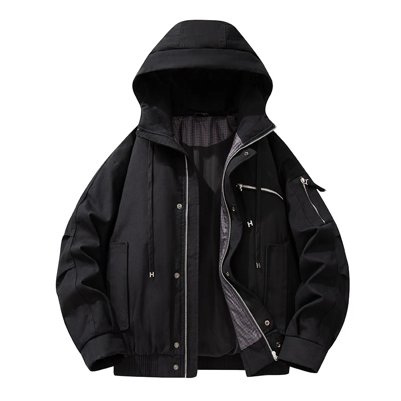 Herren Utility-Kapuzenjacke mit Reißverschluss, multifunktionalen Taschen und elastischem Saum Drune