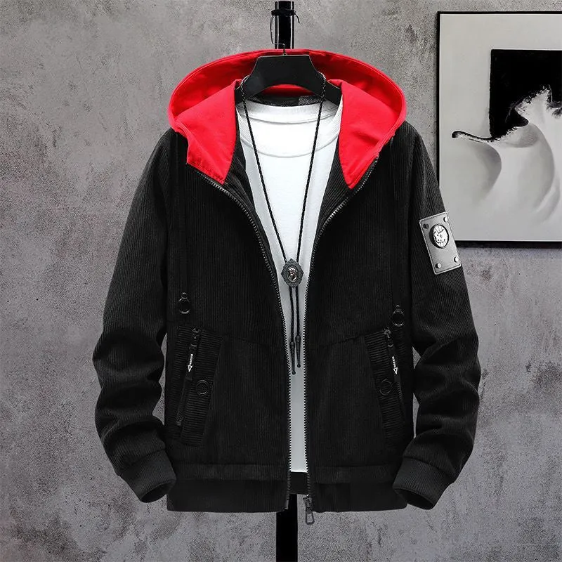 Herren Modische Cordjacke mit abnehmbarer Kapuze Drune
