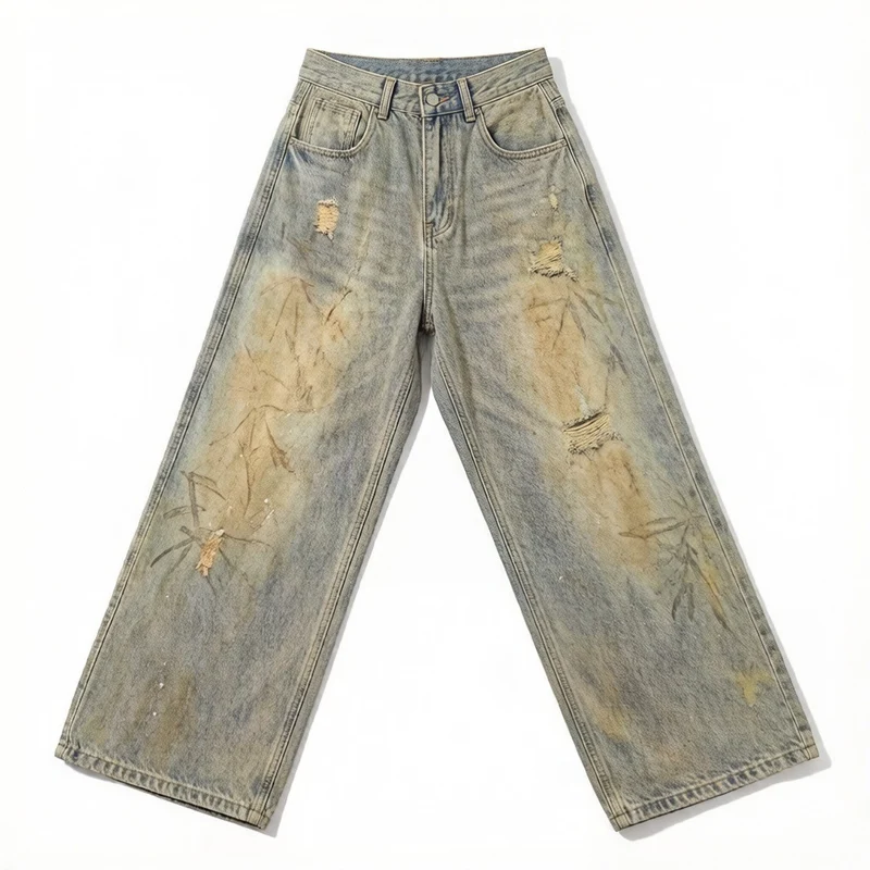 Herren Modische Baggy-Jeans mit kreativen Waschungen Drune
