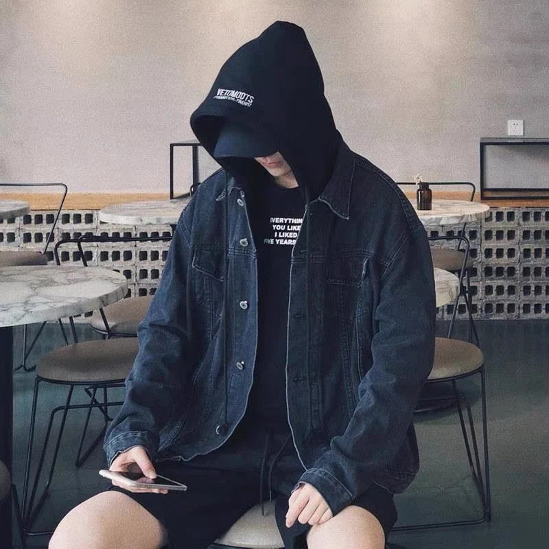 Herren Lässige Übergangs Denimjacke mit integrierter Kapuze Drune