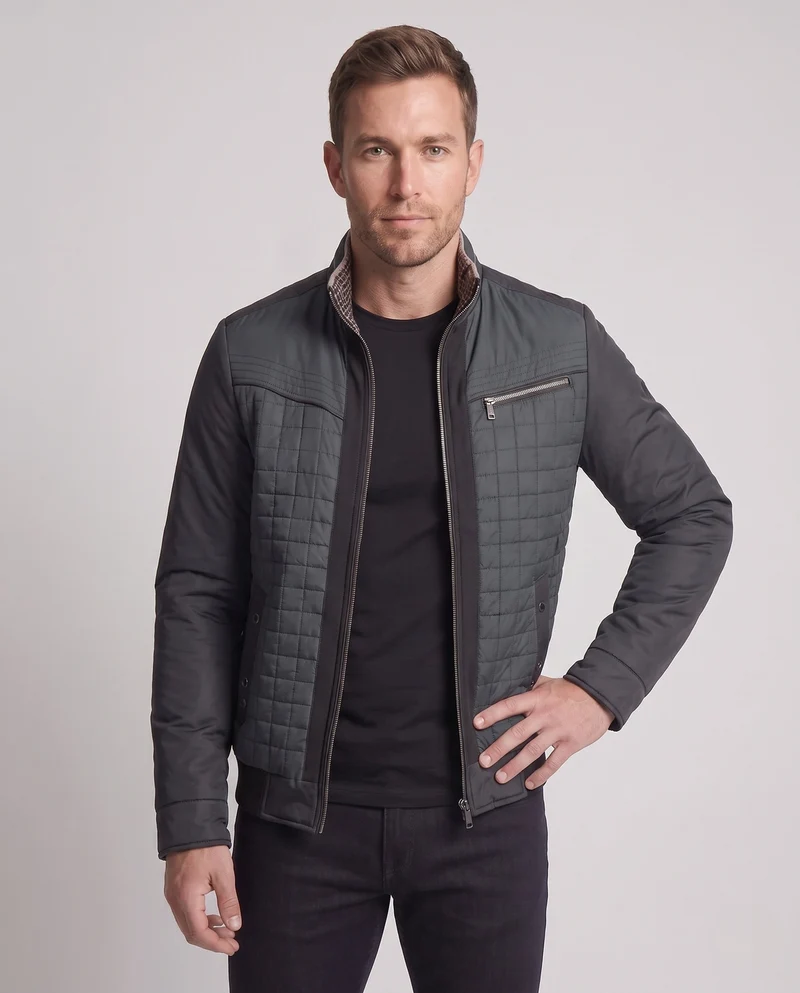 Herren moderne gesteppte Übergangsjacke in einem Materialmix mit Reißverschluss-Brusttasche