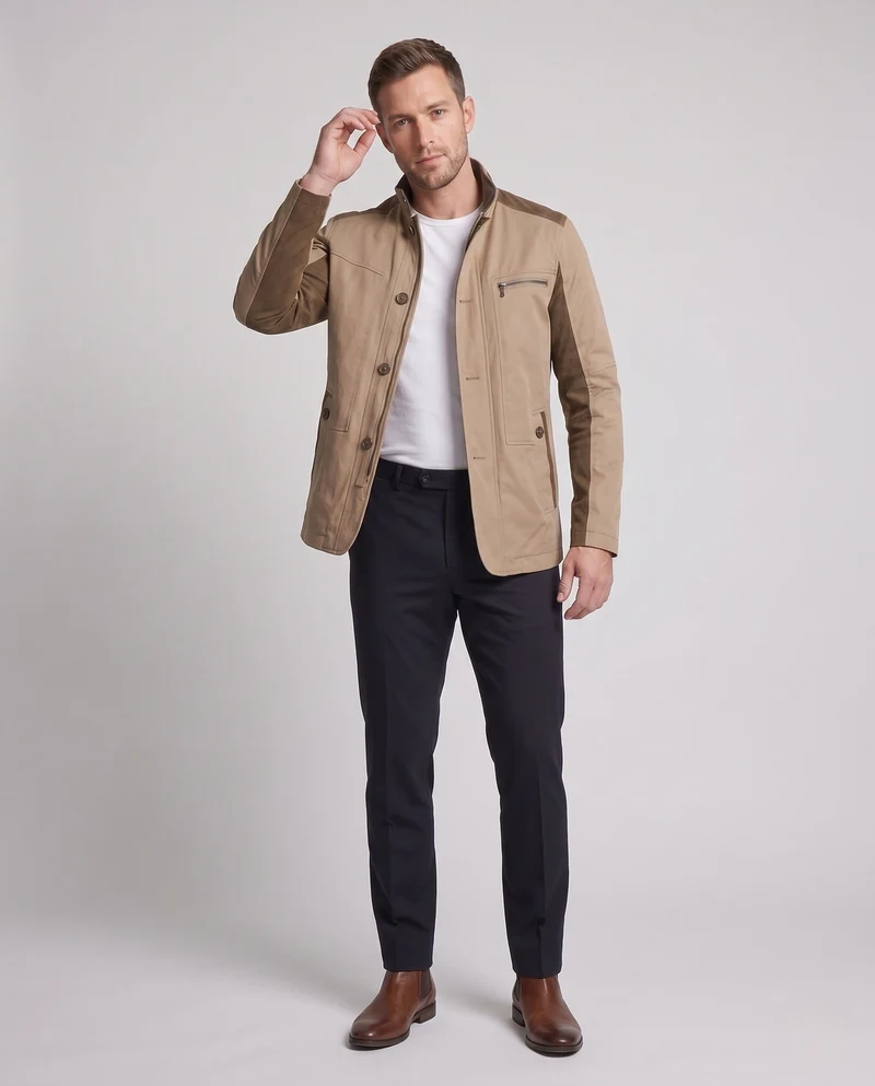 Herren Moderne Stadt Utility Jacke mit Stehkragen und Kontrastkordeltrim