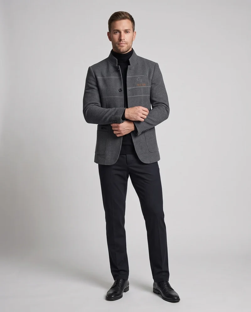 Herren Semi-formal Stehkragen Blazer mit gestepptem Baumwollfutter und aufgesetzten Taschen