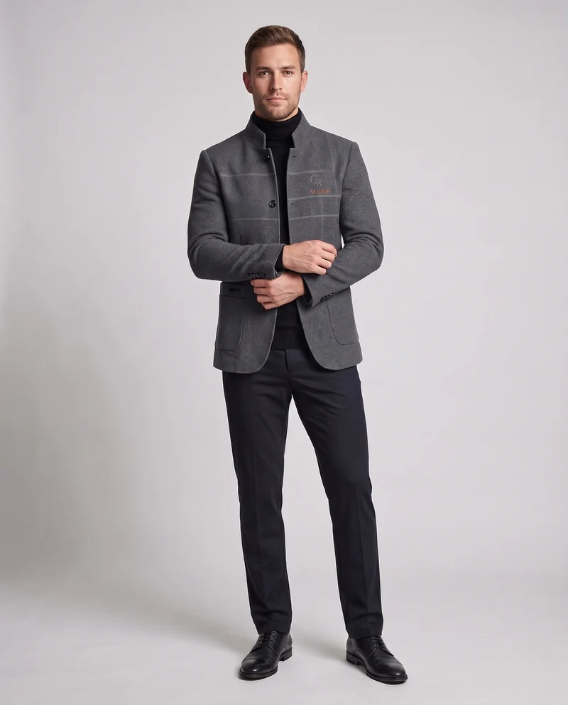 Herren Semi-formal Stehkragen Blazer mit gestepptem Baumwollfutter und aufgesetzten Taschen