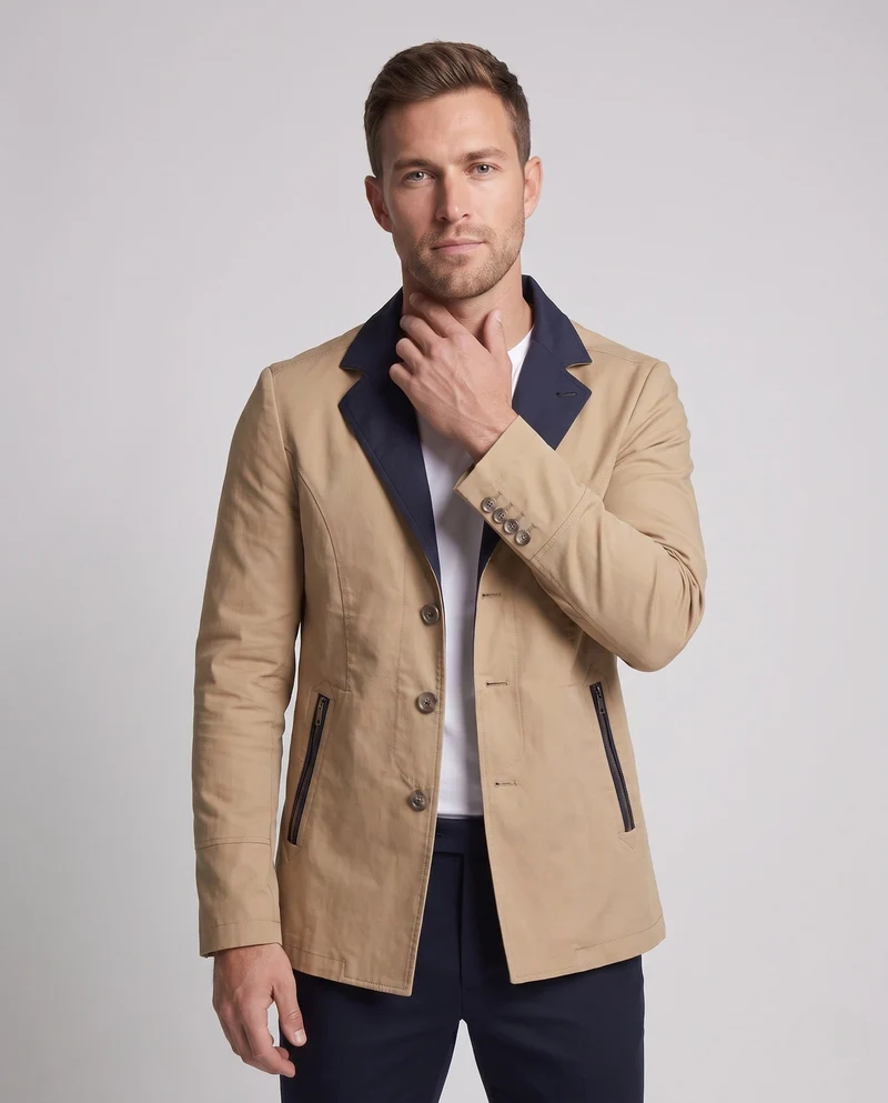 Herren Smart-Casual Kurzjacke mit Kontrastkragen, Reißverschlusstaschen und gemustertem Futter