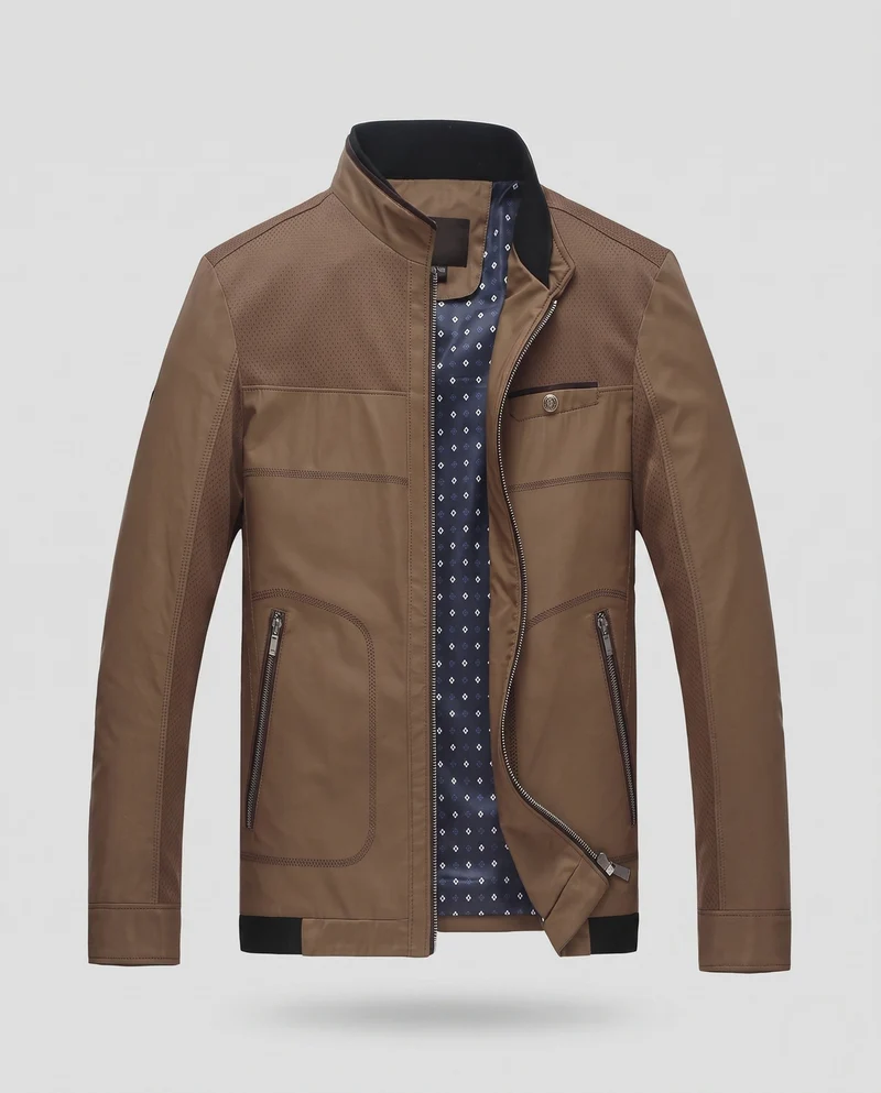 Herren Stehkragen Kunstlederjacke mit perforierten Schultereinsätzen, Reißverschlussfront und gemustertem Innenfutter