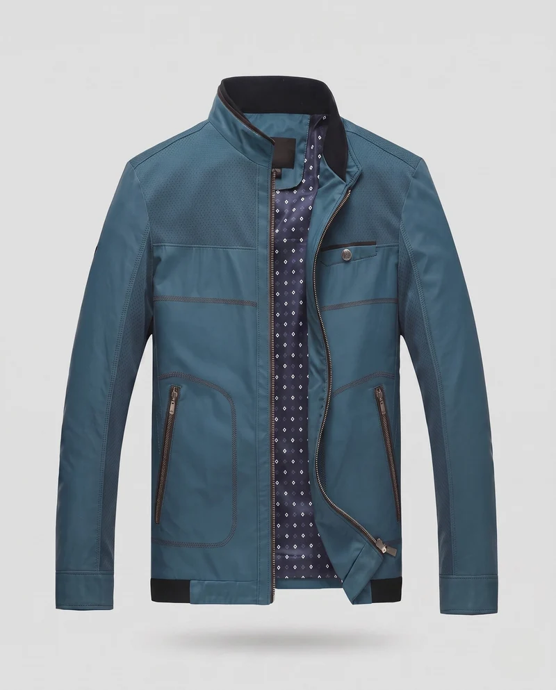 Herren Stehkragen Kunstlederjacke mit perforierten Schultereinsätzen, Reißverschlussfront und gemustertem Innenfutter