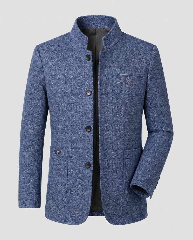 Herren Stehkragen Blazer aus strukturiertem Wollmix mit leichter thermischer Fütterung