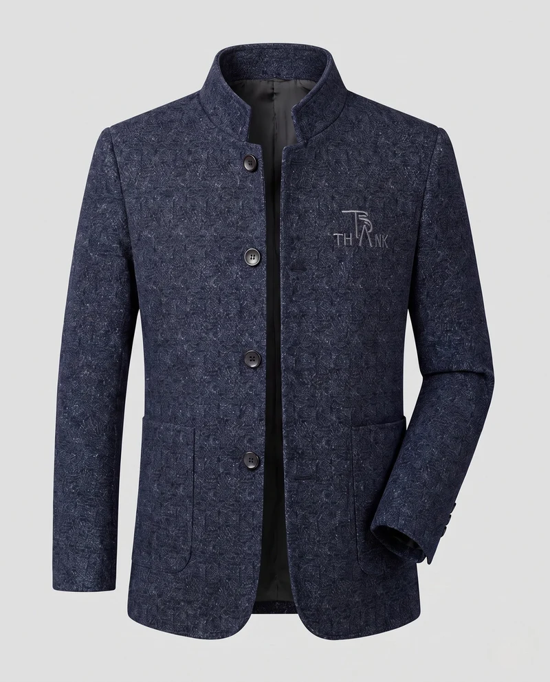 Herren Stehkragen Blazer aus strukturiertem Wollmix mit leichter thermischer Fütterung