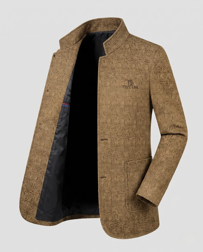 Herren Stehkragen Blazer aus strukturiertem Wollmix mit leichter thermischer Fütterung