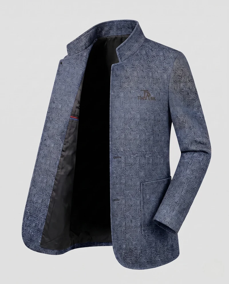 Herren Stehkragen Blazer aus strukturiertem Wollmix mit leichter thermischer Fütterung